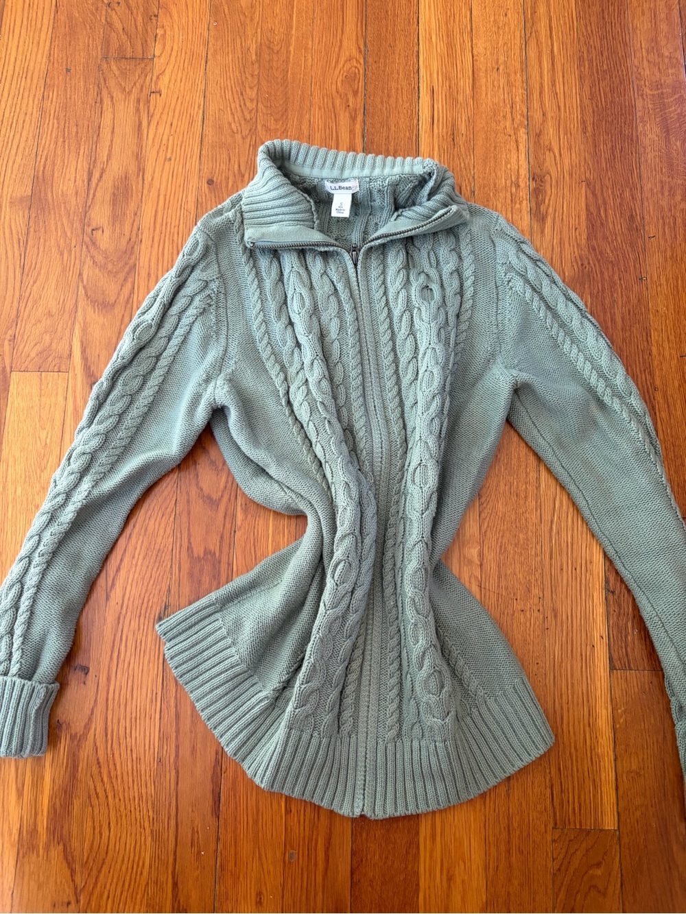 L.L. Bean Cable-Knit Zip Turtleneck Sweater - Sage Green
